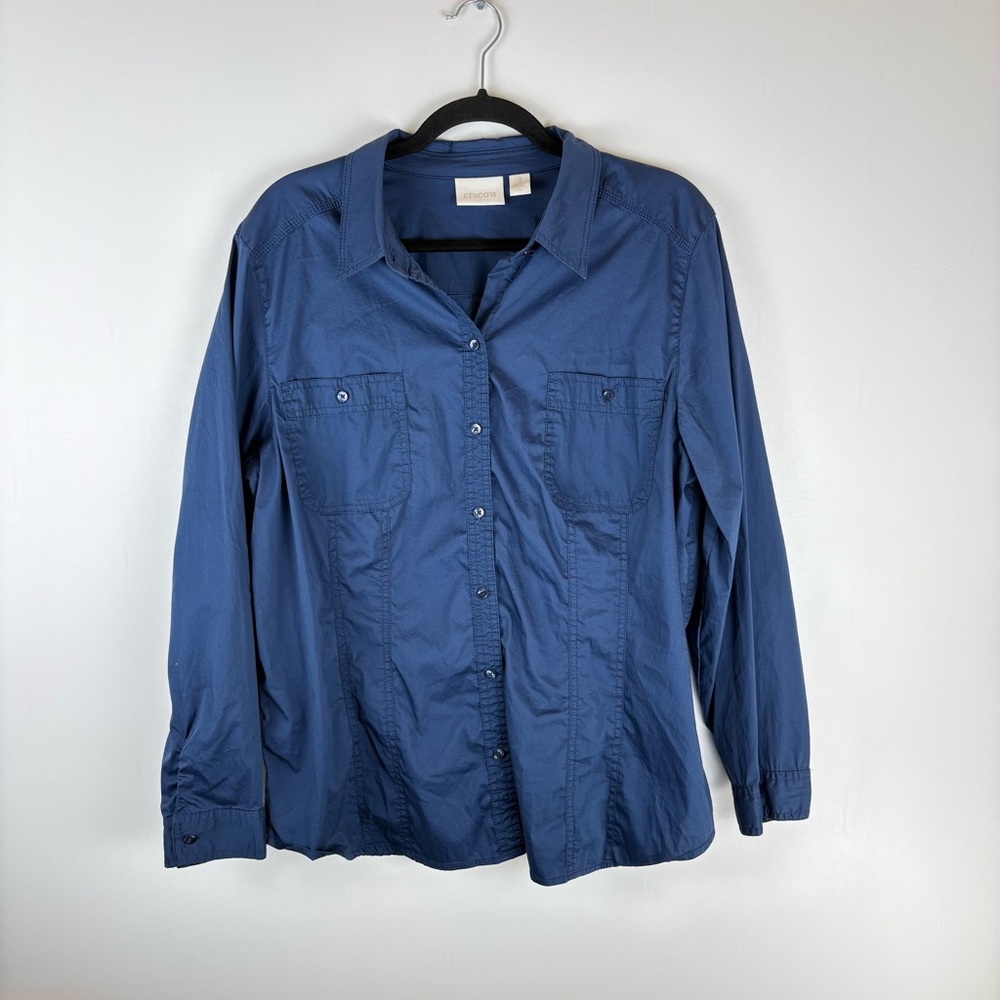 Chicos Size 3 Button Shirt Blouse Pockets Long Sleeve Navy Blue X Large